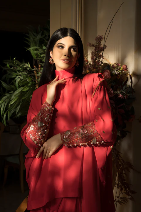 Tomato red high neck French crepe kurti with hand-embroidered sleeves, back and salwar with pure chiffon dupatta