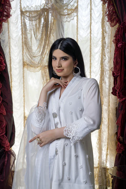 White Velvet Kurti, Trousers and Organza Dupatta