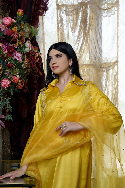 Yellow Hand-Embroidered Kurti and Trouser with Organza Dupatta