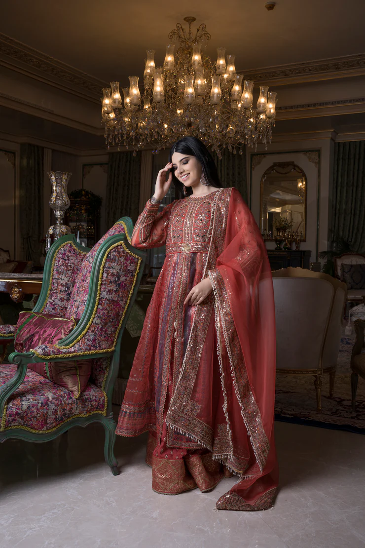 Tomato red heavy embroidered anarkali style kurti and shararah with heavy bordered organza dupatta