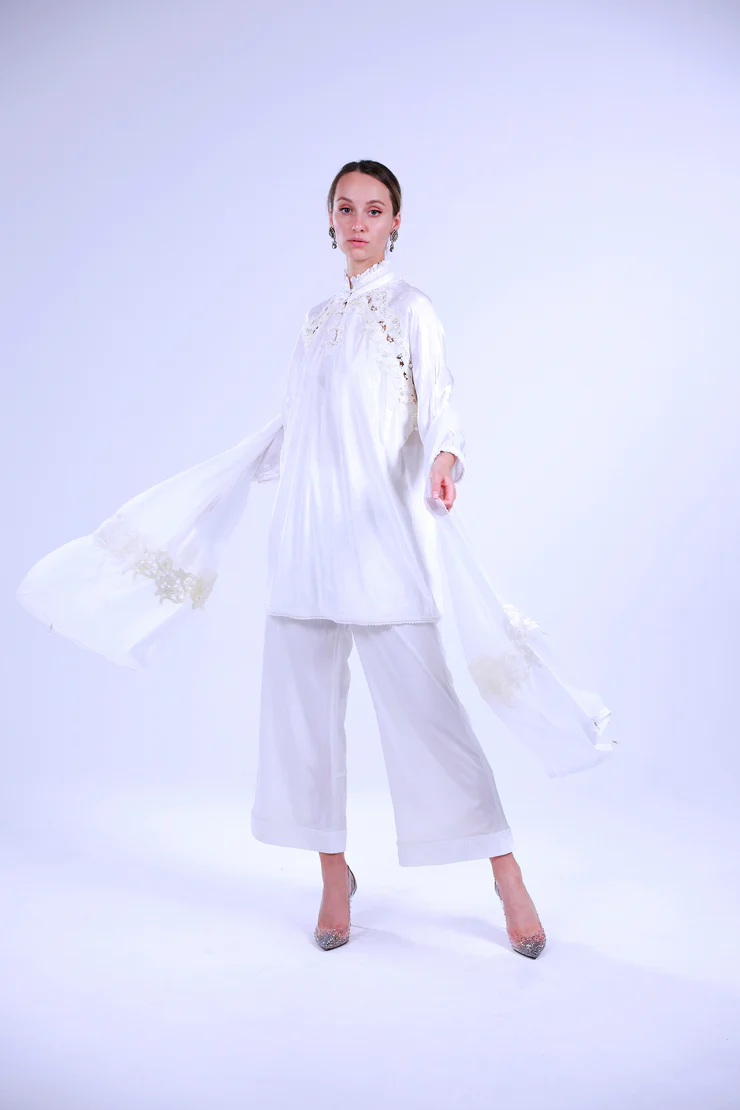 White Velvet High-Neck Embroidered Kurti and Trouser with Organza Dupatta