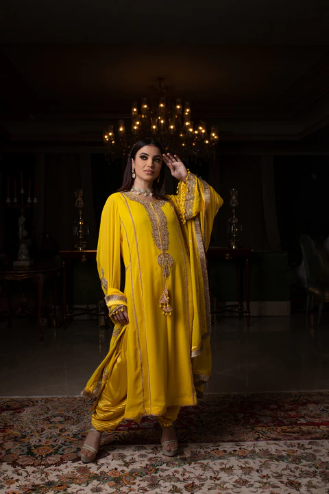 Yellow Pure Chiffon Hand-Embroidered Kurti and Dupatta with Silk Salwar