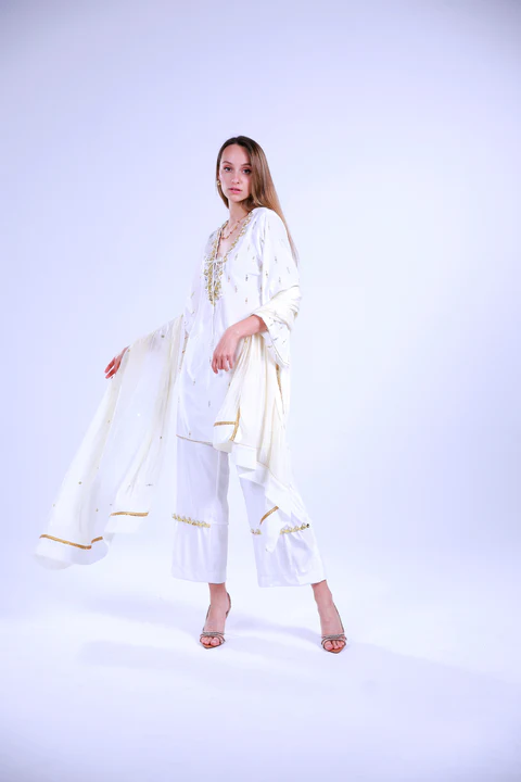White Velvet Hand-Embroidered Kurti, Trouser with Organza Dupatta