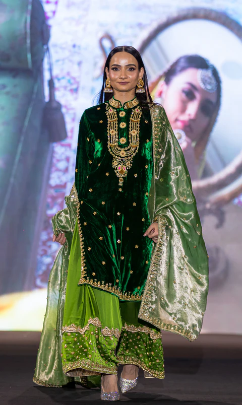 Bridal Couture Collection Forest Green Velvet Kurti, Silk Trouser and Rose Organza Dupatta