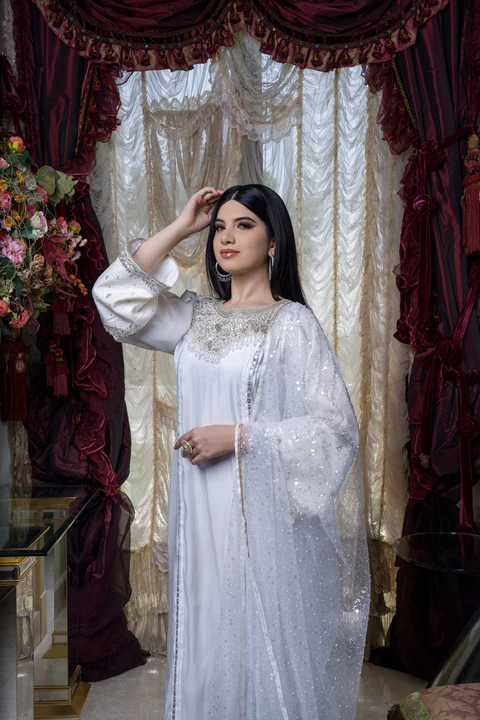 White hand embroidered kurti and trouser in French shimmer with pearl sequinned dupatta