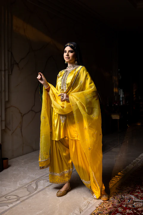 Yellow Silk Hand-Embroidered Salwar Suit with Organza Dupatta