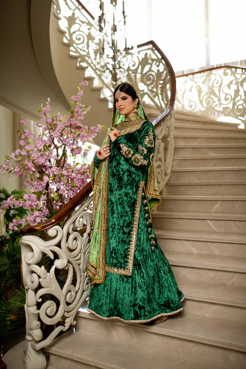 Maharani Bridal Hand-Embroidered Lehenga in Emerald Green Velvet