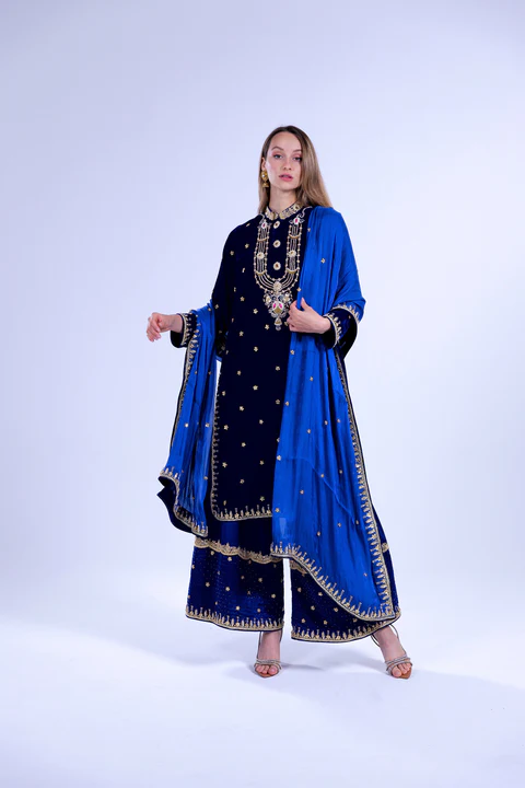 Bridal Couture Collection Midnight Blue Velvet Kurti, Silk Trouser and Rose Organza Dupatta