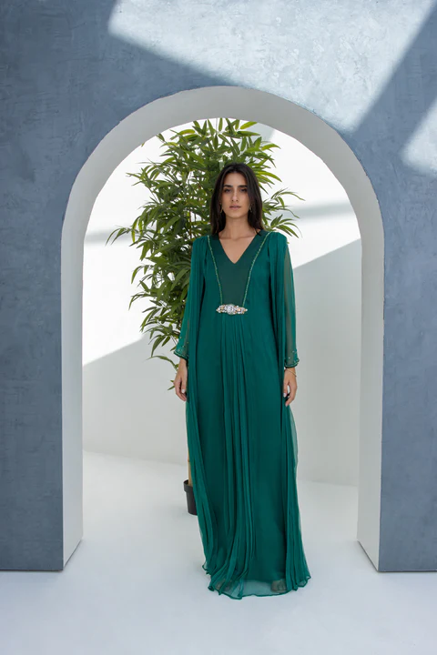 Emerald Green Pure Chiffon Kaftan