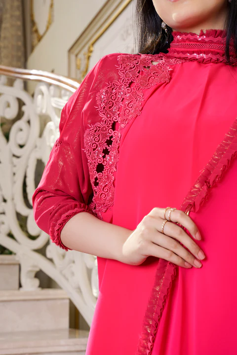 Tomato red high-neck French crepe and Korean foil fabric short kurti and trouser with chiffon dupatta