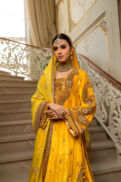 Bridal Hand-Embroidered Lehenga in Golden-Yellow Velvet with Chanderi Dupatta